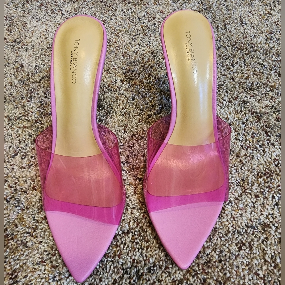 Women's Pink Clear Strap Stiletto Slide Heel - Picture 2 of 10